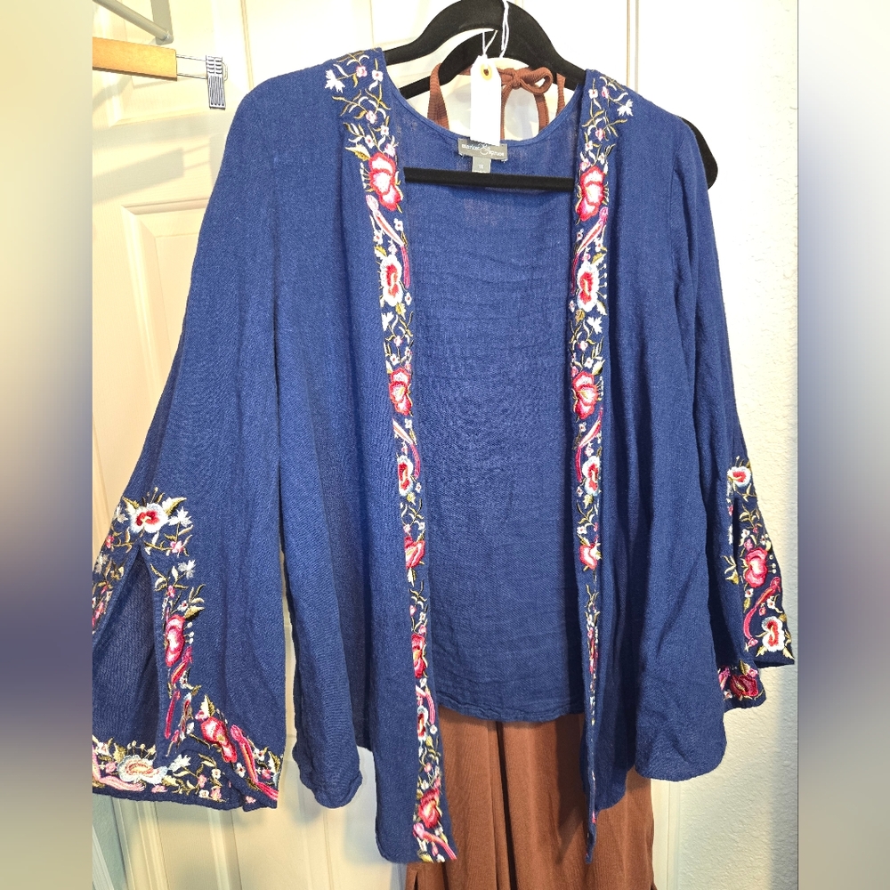Blue Embroidered Open Cardigan